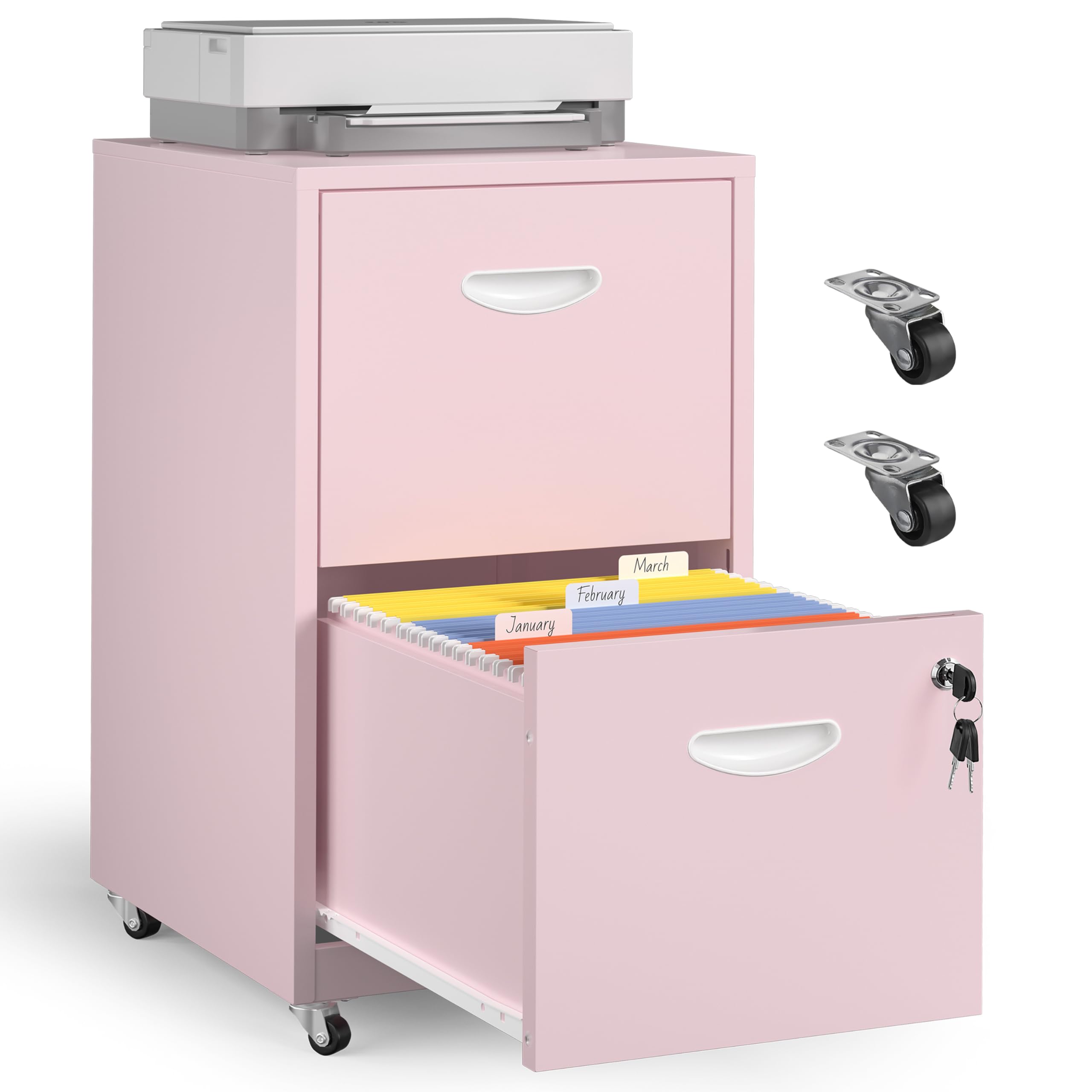 2 Drawer Mobile File Cabinet with Lock, Pink Metal Filing Cabinets with Wheels, Vertical Rolling File Cabinet Fit Hanging Files, Letter and A4 Documents