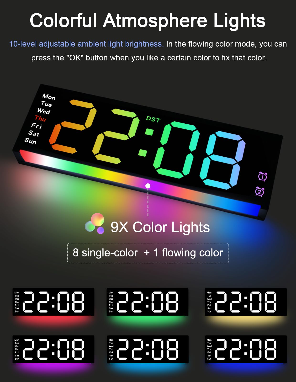 Cyfrowy zegar ścienny, duży wyświetlacz, z pilotem zdalnego sterowania, kolorowy zegar cyfrowy RGB LED z datą i dniem tygodnia, automatyczna jasność, czas letni, temperatura, cyfrowy budzik do