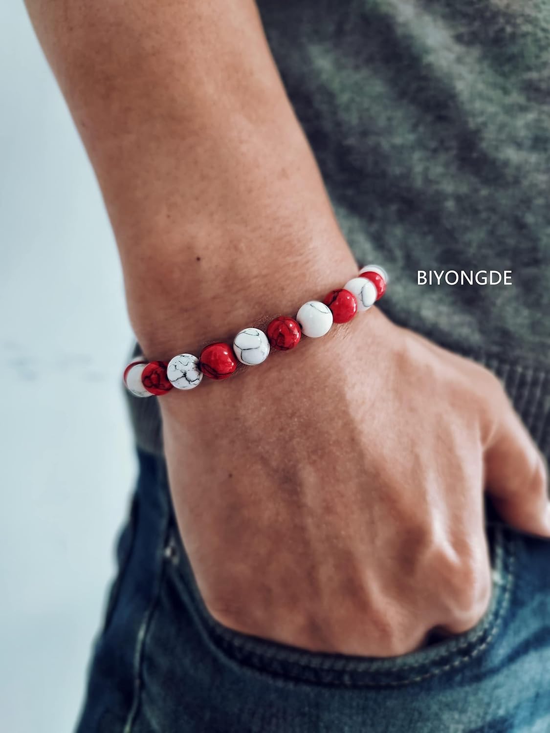 8MM Red White Mable Gem Stone Beads Bangle Bracelet, Mens Womens, Stretchable, Unique - Image 3