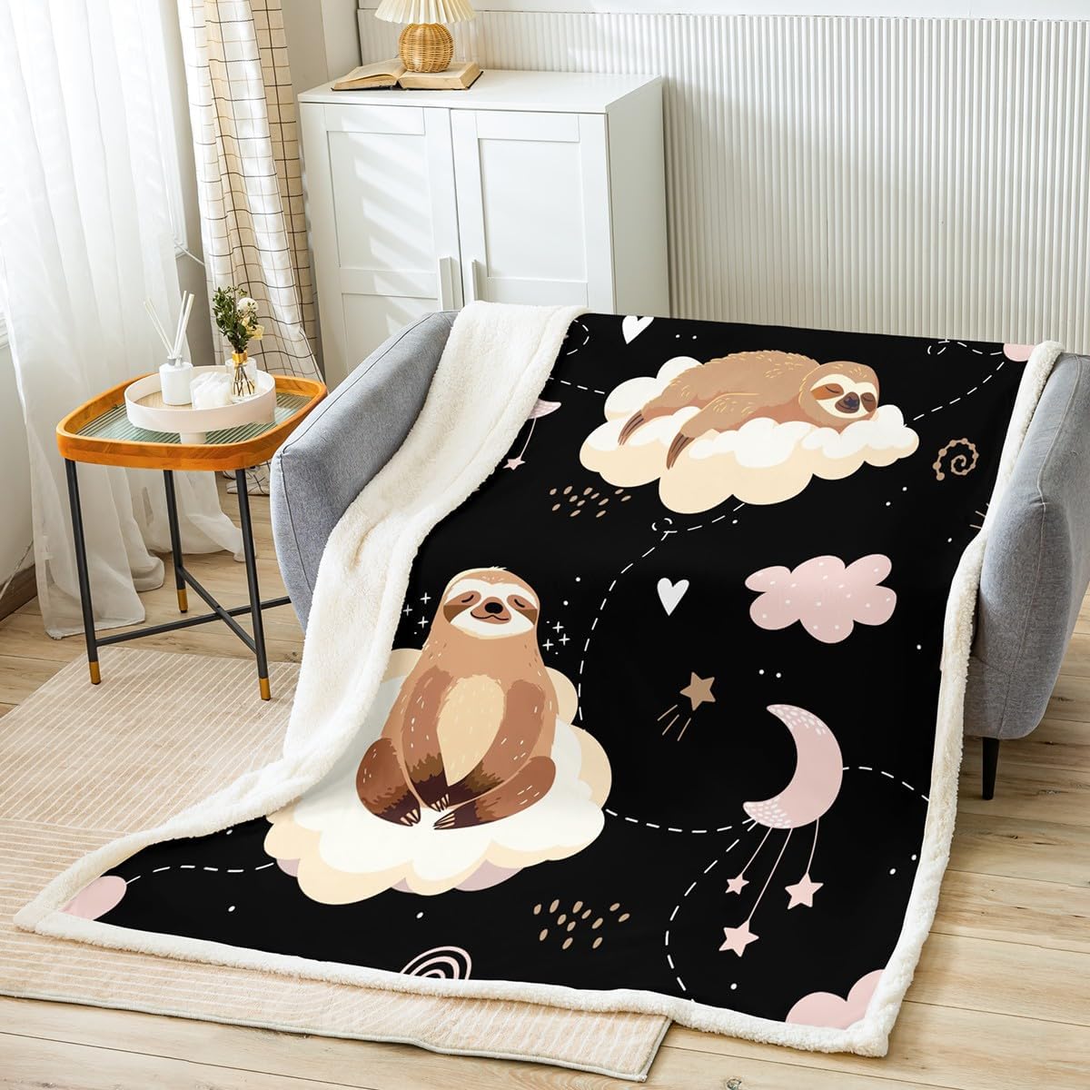 Feelyou Kids Fleece Blanket Sloth Blanket Cute Animal Pattern Sherpa Blanket for Couch Travel Sofa Microfiber Cartoon Sloth Printed Plush Throw Blanket Room Decor Fuzzy Blanket 50"x60"