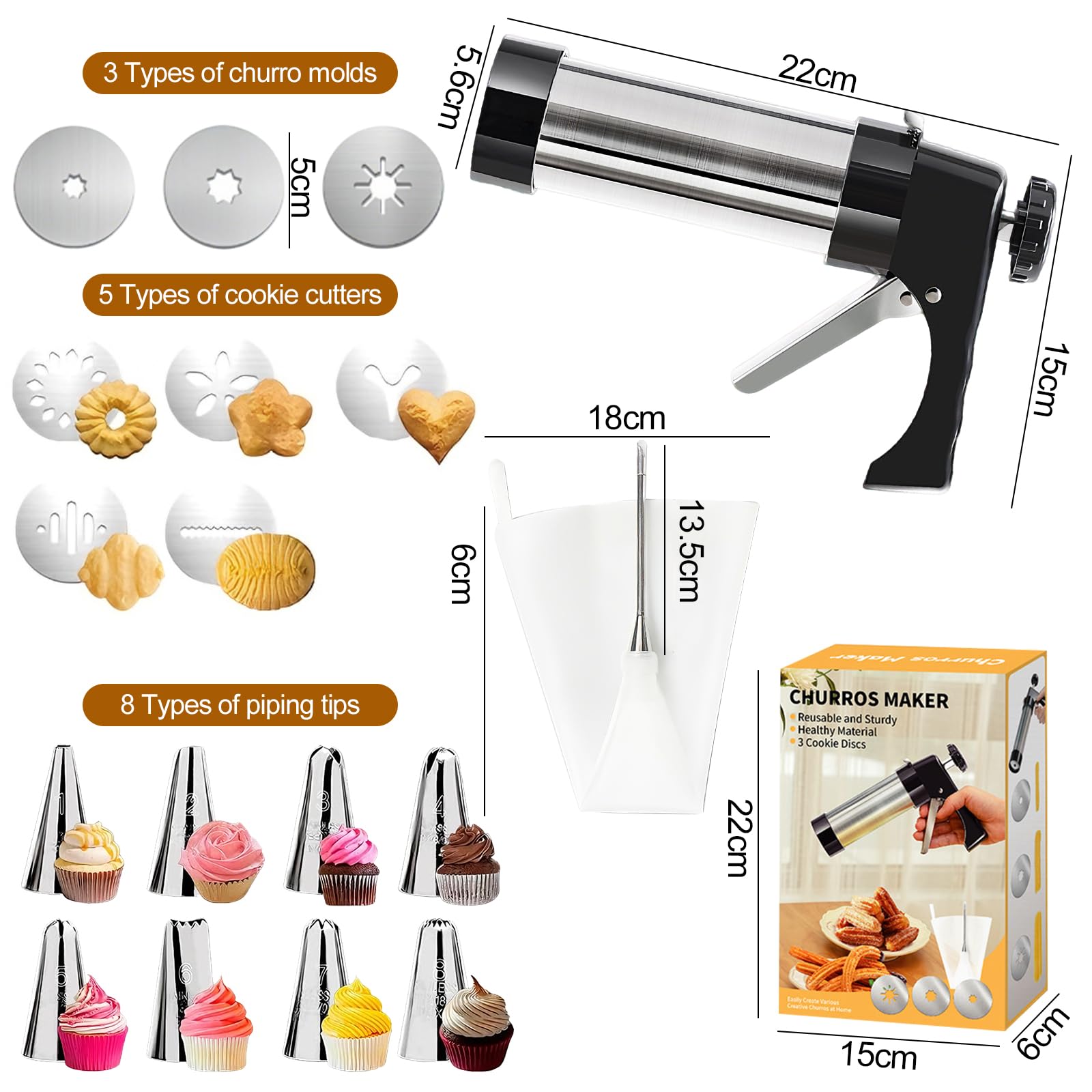 Juego de prensa de pastelería de acero inoxidable, sin BPA, para hacer galletas, churro, con 8 puntas de glaseado y 8 rebanadas (3 churro, 5 galletas) para nata, masa y decoración de