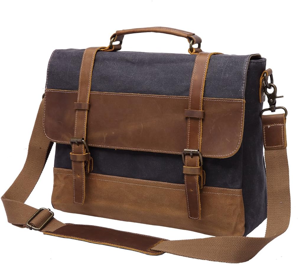 Men Messenger Bag Crazy Horse Leather Waxed Canvas Crossbody Black