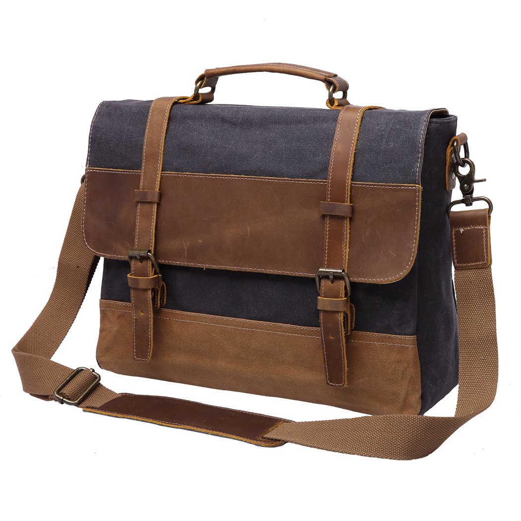 Men Messenger Bag Crazy Horse Leather Waxed Canvas Crossbody Black