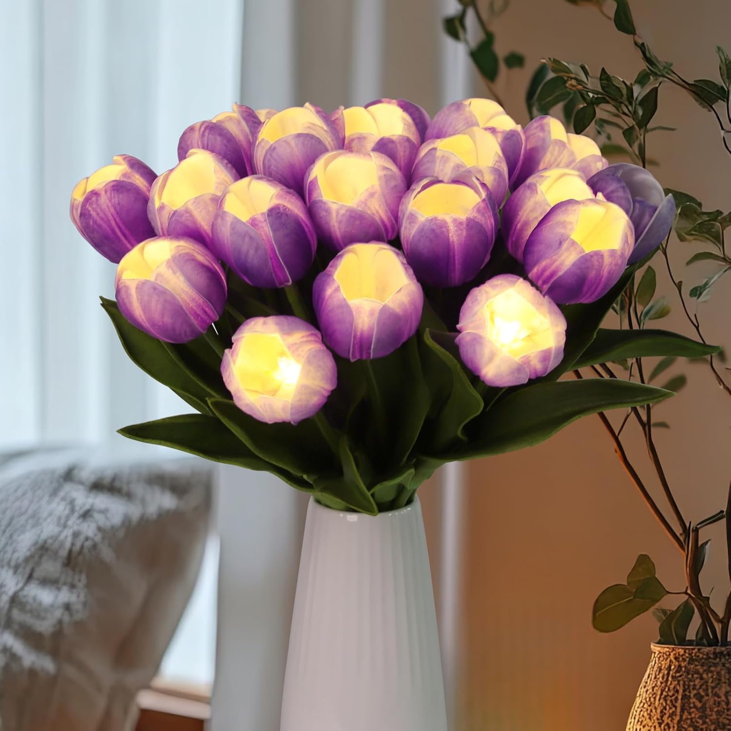 20pcs LED Lighted Artificial Flowers Tulip Lamp Real Touch Tulips Faux Flower Lights for Valentine's Day and Easter Home Kitchen Wedding Dining Table Decor(Purple)