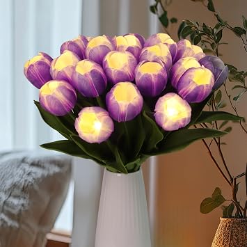 20 Stems LED Lighted Artificial Flowers Tulip Lamp Real Touch Tulips Faux Flower Lights for Valentines Day and Easter Home Kitchen Wedding Dining Table DecorPurple