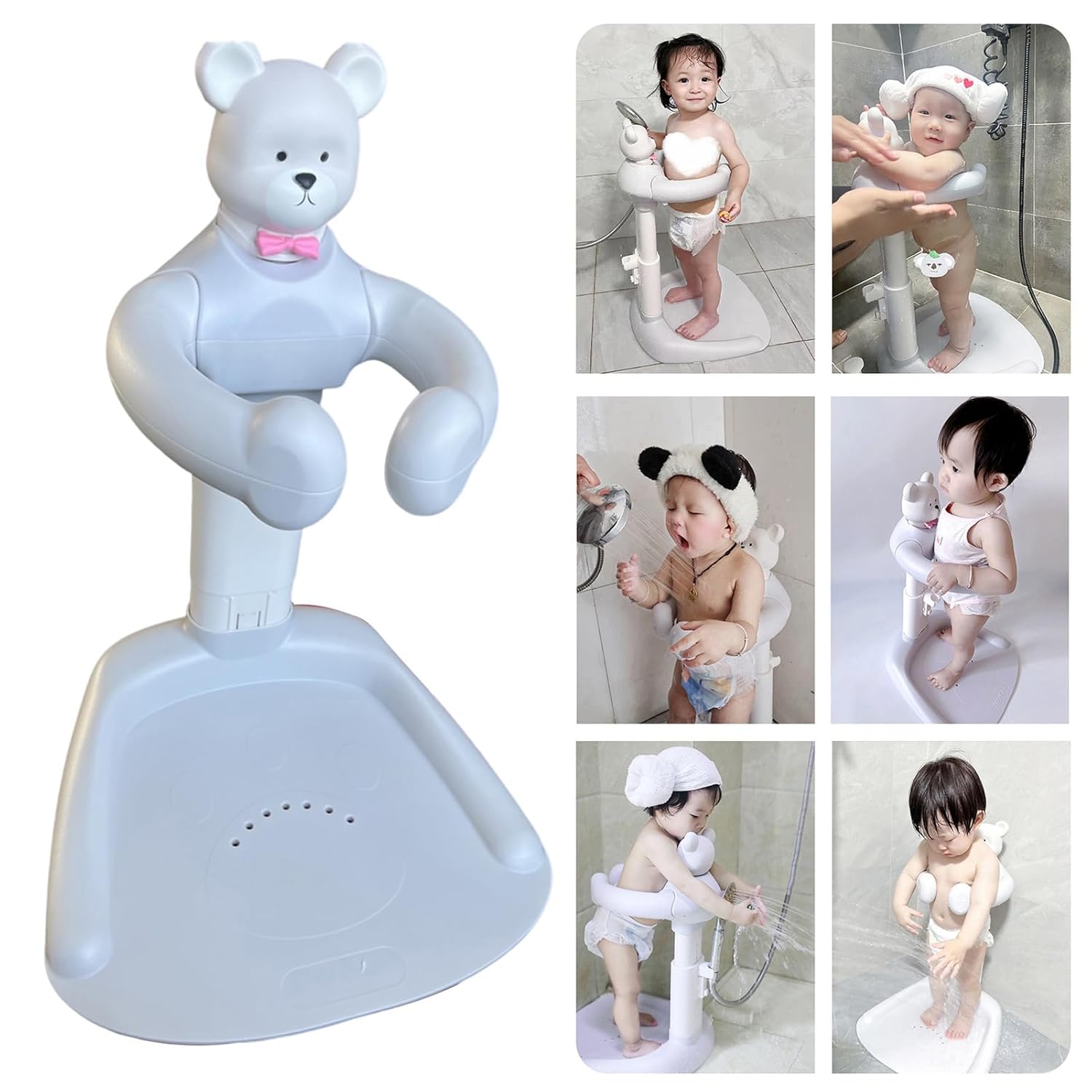 Adjustable Height Baby Shower Stand with Anti-Slip Base | Baby Bath with Stand, 6-36 Months Toddler Shower Standing Support | Portable Bath Helper Baths Standing Free Mother Hands Grey Bear