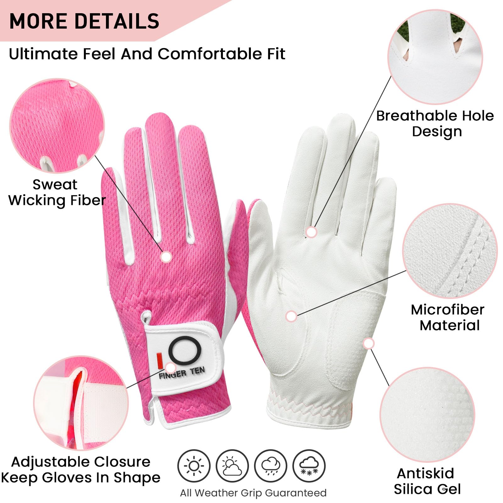FINGER TEN Women’s Golf Glove Left Hand Right Microfiber Grip Rain Hot Wet All Weather Both Hand Pair - Image 2