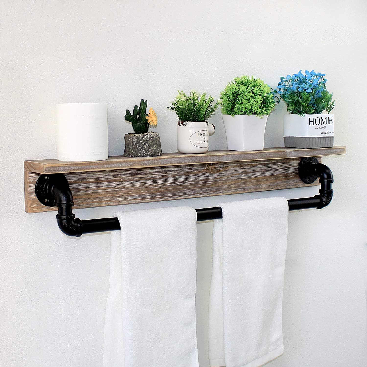 MBQQ Industrial Pipe Shelf,Rustic Wall Shelf with Towel Bar,30" Farmhouse Towel Racks for Bathroom,Floating Shelves Wall Mounted Home Decor Wooden Shelving,Retro Grey
