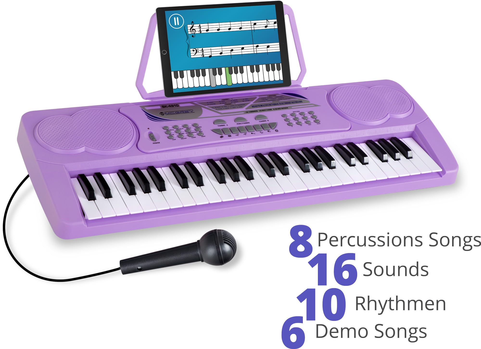 McGrey BK-4910VT Set Tastiera per principianti 49 tasti: 16 suoni, 10 ritmi, 8 percussioni, 6 demo. Include microfono, cuffie KKH-10 per bambini e supporto spartiti. Colore: viola