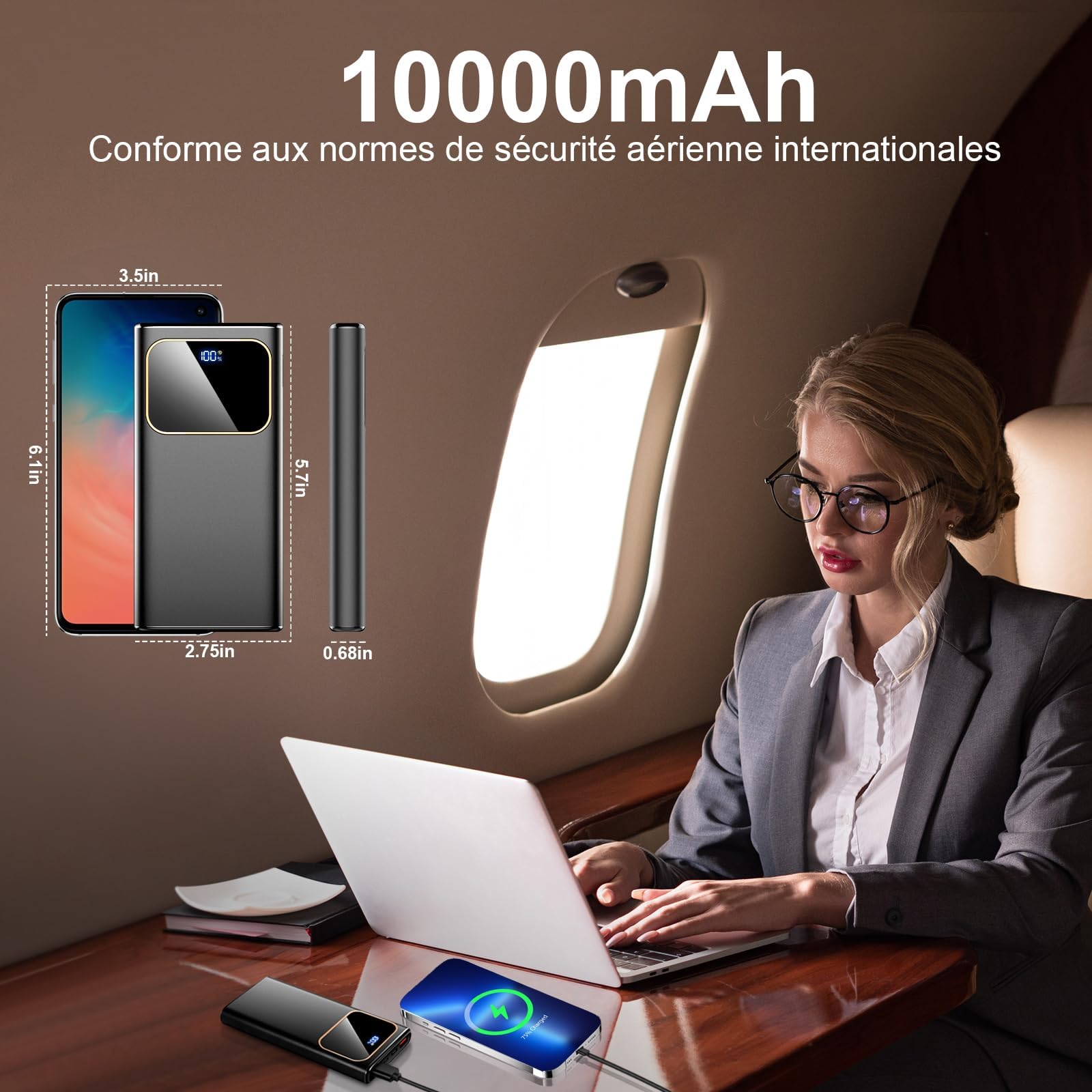 Batterie Externe, 10000mAh 22.5W Power Bank, Batterie Portable USB C Input & Output PD3.0 QC4.0,Charge Rapide Powerbank à Affichage LED pour iPhone Samsung et Autres téléphone, Noir