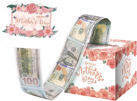 Mothers Day Money Box for Cash Gift Pull, Surprise Money Holder Cash Gift for Wife Mom Grandmother, DIY Fun with Pull Out Card and 50Pcs Transparent Bags Pink Flower