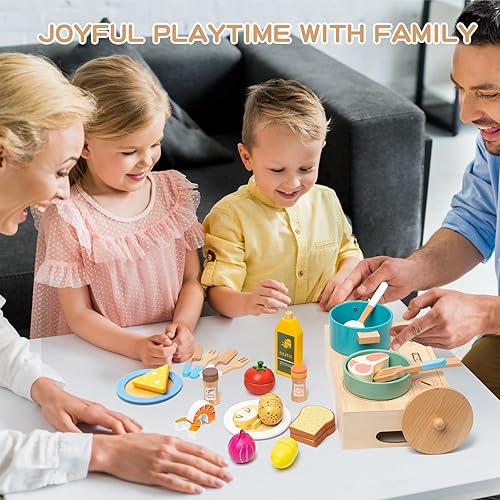 Miniatura 6 de Juego de cocina de madera, 27 piezas de juguetes de comida para niños pequeños, accesorios de cocina de madera, juguetes de cocina con platos