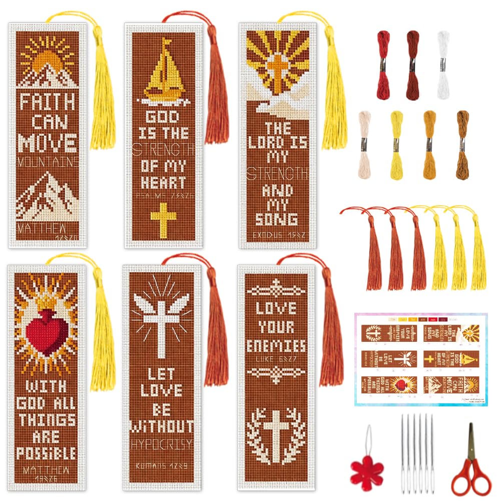 INFUNLY 6-Pack Bible Verse Cross Stitch Bookmark Kit 3x8.5 Inch Cotton-Linen Pre-Printed Pattern DIY Embroidery Craft Set with Felt Backing for Church Gift Home Hobby Book Lovers Readers