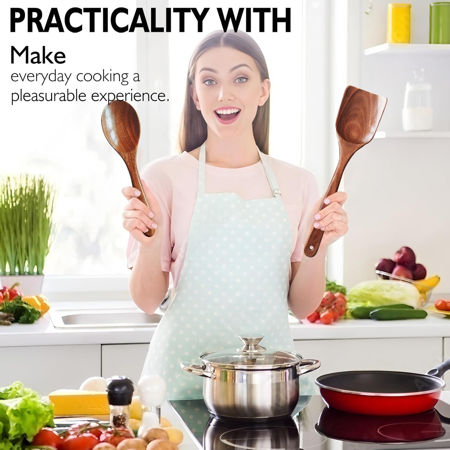 9 Pieces Wooden Spoons for Cooking, Wooden Utensil Set, Wooden Kitchen Utensil Set, With Strainer Spoon, Fried Spatula and Salad Fork, Egg Beater, Utensils Holder (9 Piece Set)