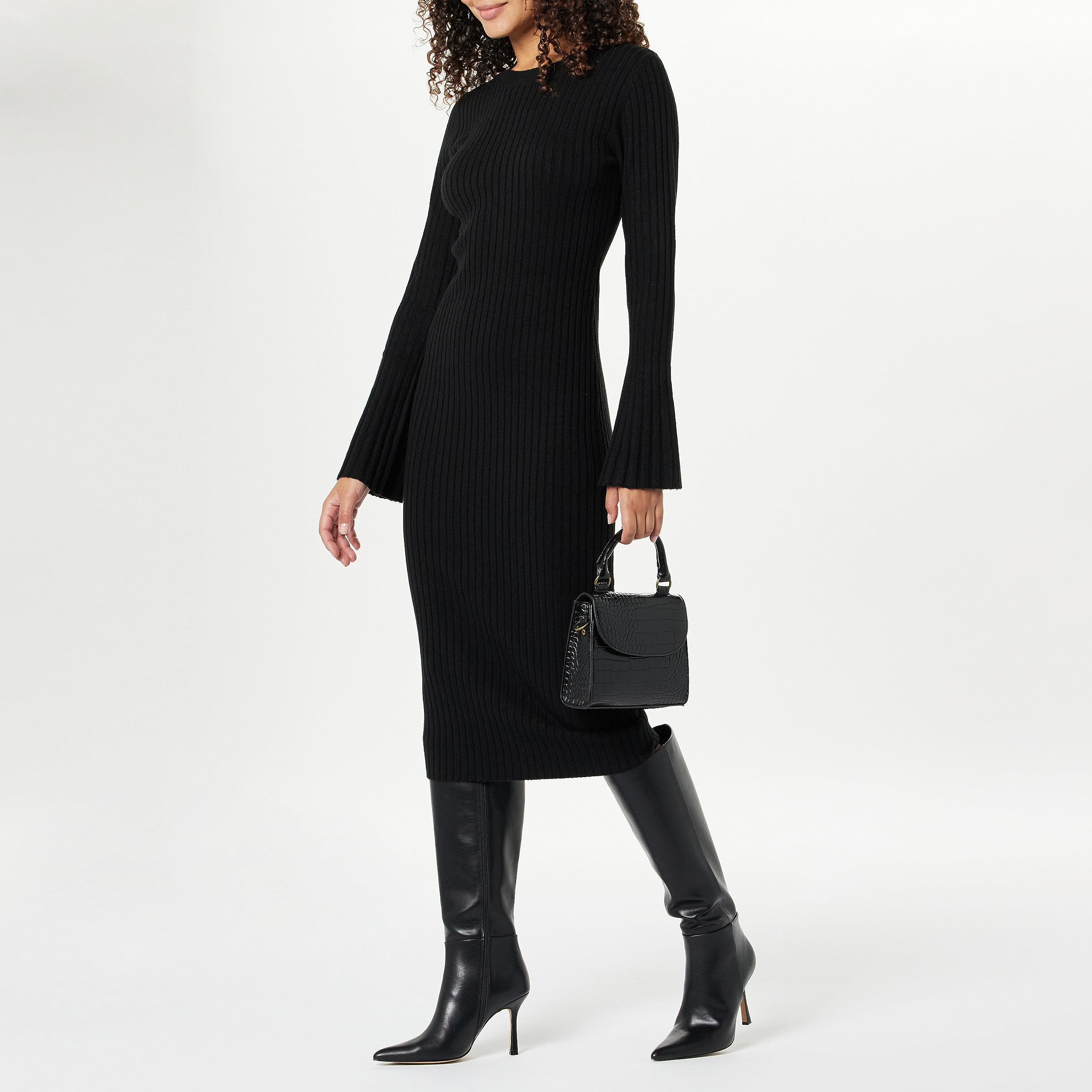 The Drop Vestito da Donna, Fernanda, in Maglia a Costine, con Maniche a Campana