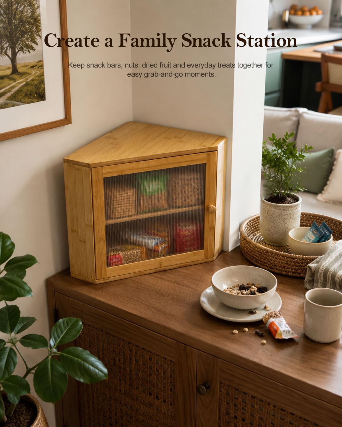 Corner Bread Box, 2 Tier Bamboo Bread Storage for Kitchen Countertop image 5