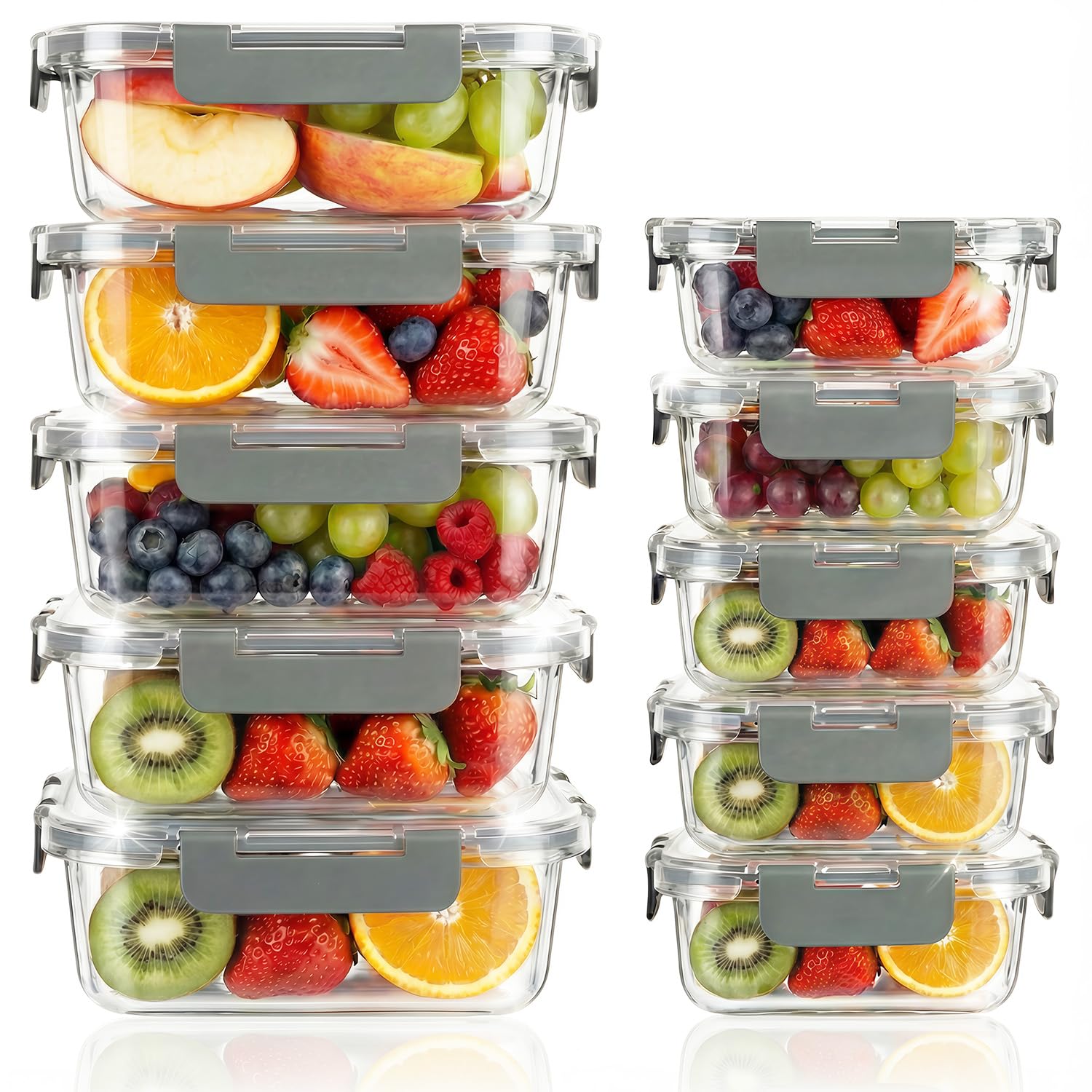 Recipientes De Vidrio Borosilicato Para Alimentos, Juego de 10 Piezas para Meal Prep y Almacenamiento (370ml & 1040ml), Recipientes Herméticos para Microondas y Lavavajillas, Sin BPA