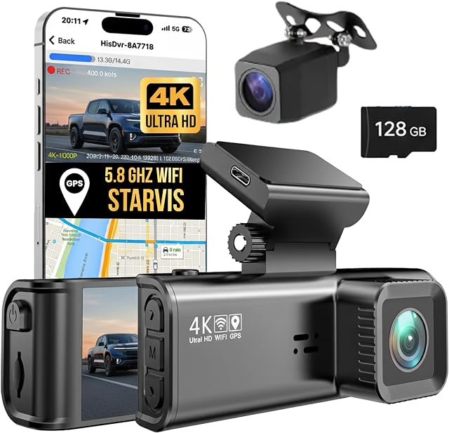 FONY &KENY 4K Dash Cam Front & Arrière, SONY STARVIS, Gratuit 128 GB TF Carte, 5.8 GHz Wifi et GPS, 3.18" IPS Écran, vision nocturne, senseur G, 24H Moniteur de stationnement, Verrouillage d'urgence, Enregistrement de boucles pour une conduite sécuritaire.