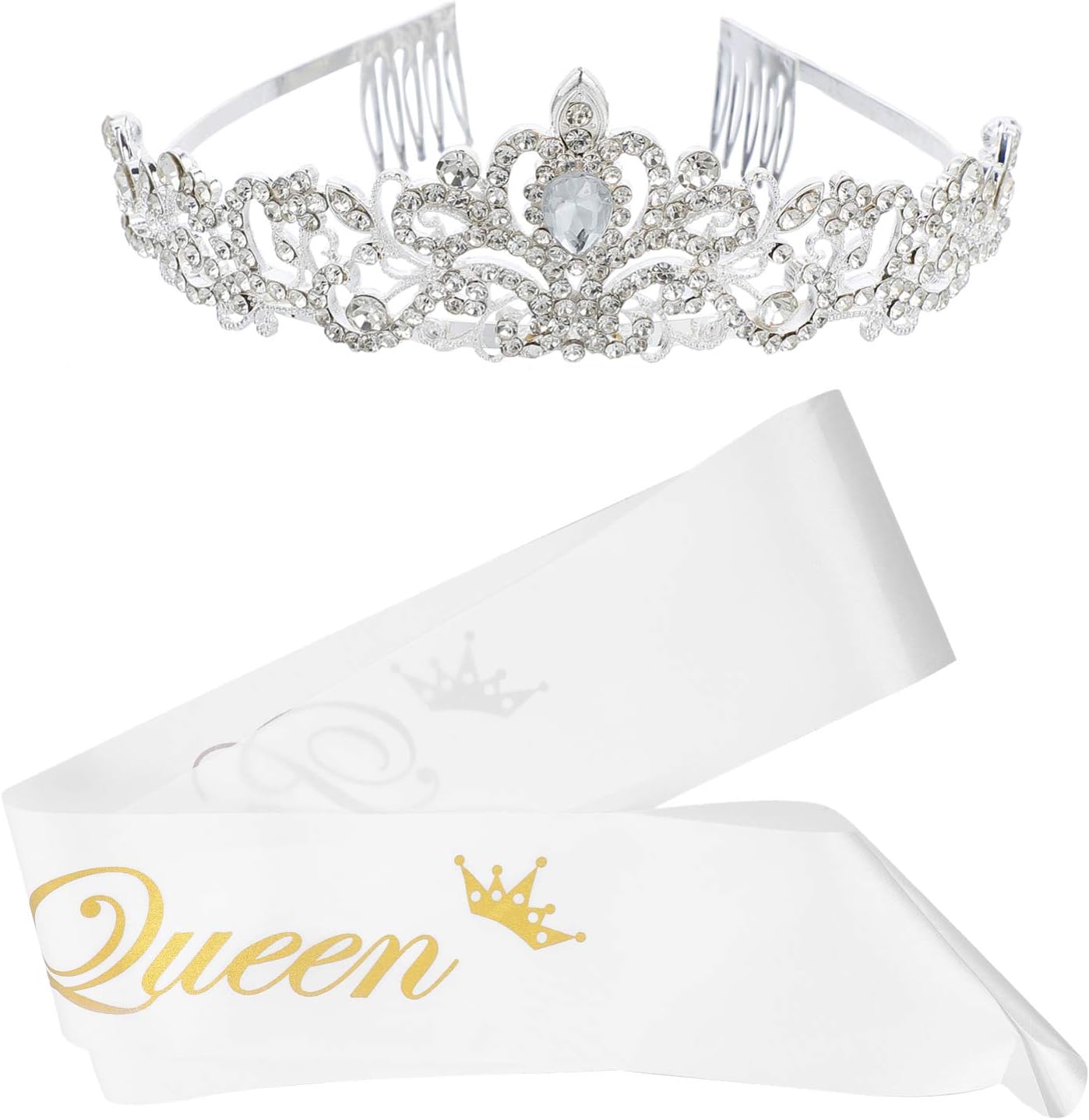 Toddmomy Prom Queen Satin Sash Graduation Wedding Crown with Comb Set Bridal Tiaras School Party Accessories Headband Jewelry Headdress for Women Girls - Image 4