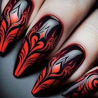 24Pcs Red Black Gradient Press on Nails Medium Almond Fake Nails Goth Valentines Glue on Nail Full Cover False Nails with Heart Stripes Designs Reusable Artificial Nails for Women Girls