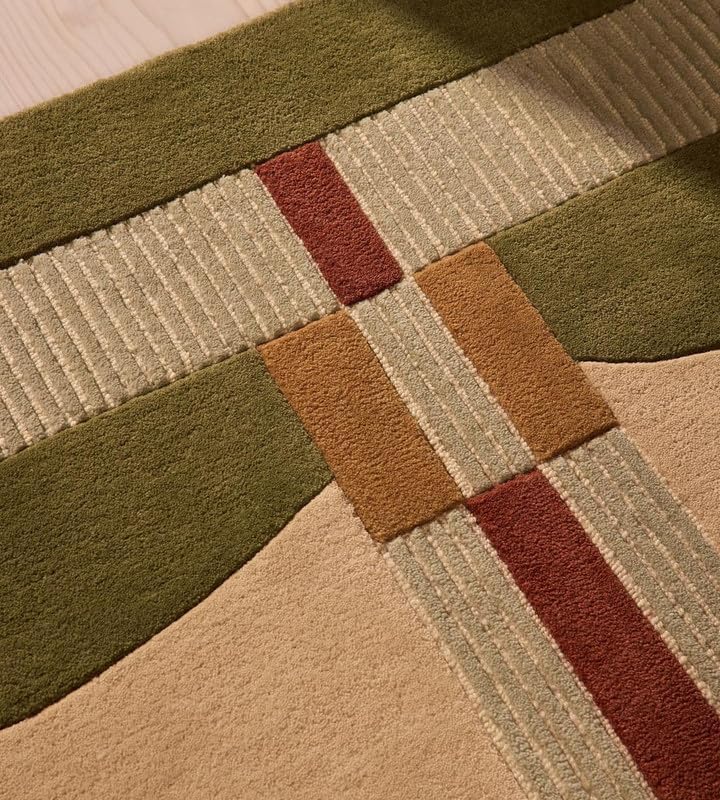 Modern Geometric Area Rug – 100% New Zealand Wool – Beige, Olive & Rust Contemporary Art Deco Design – Handcrafted Premium Living Room & Bedroom Carpet (Size: 8x10ft)