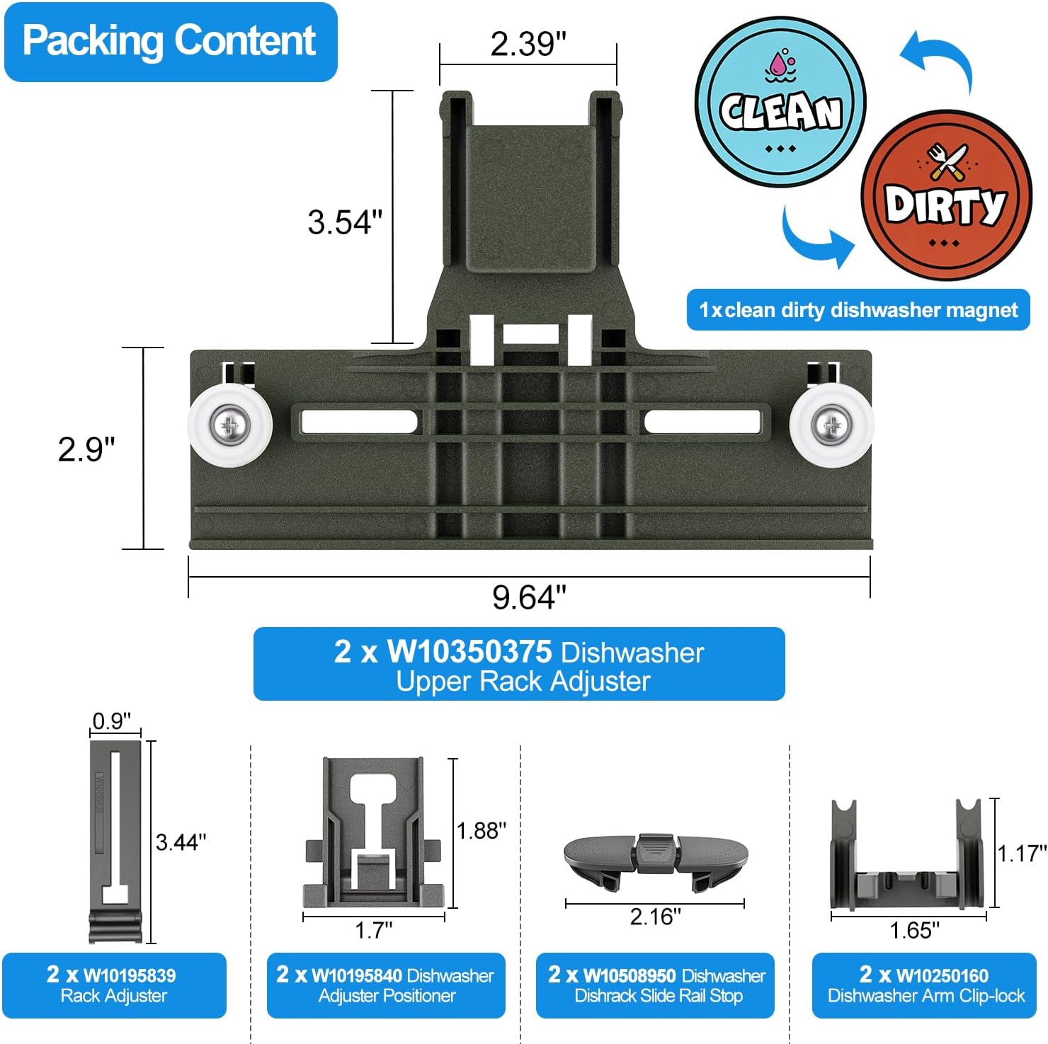 (12 Packs) Upgraded W10350375 Dishwasher Top Rack Parts &W10195372 W10195373 Dishwasher Adjuster Housing for Whirlpool Kenmore Dishwasher Parts WDT750SAHZ0 WDTA50SAHZ0 WDT730PAHZ0 Upper Rack Parts Kit