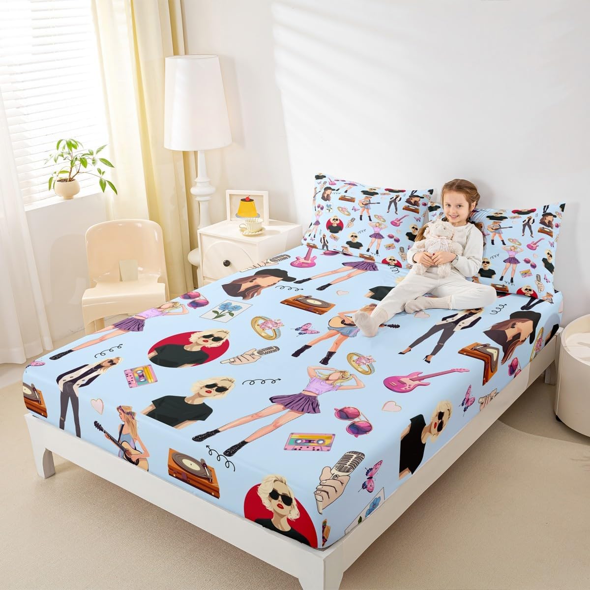 jejeloiu Music Bedding Set Full Size Girls Singer Bed Cover Gifts for Women Music Lovers Girly Guitar Bed Sheets Coworker Sister Friends Deep Pocket Fitted Sheet Blue Room Decor (No Top Sheet)