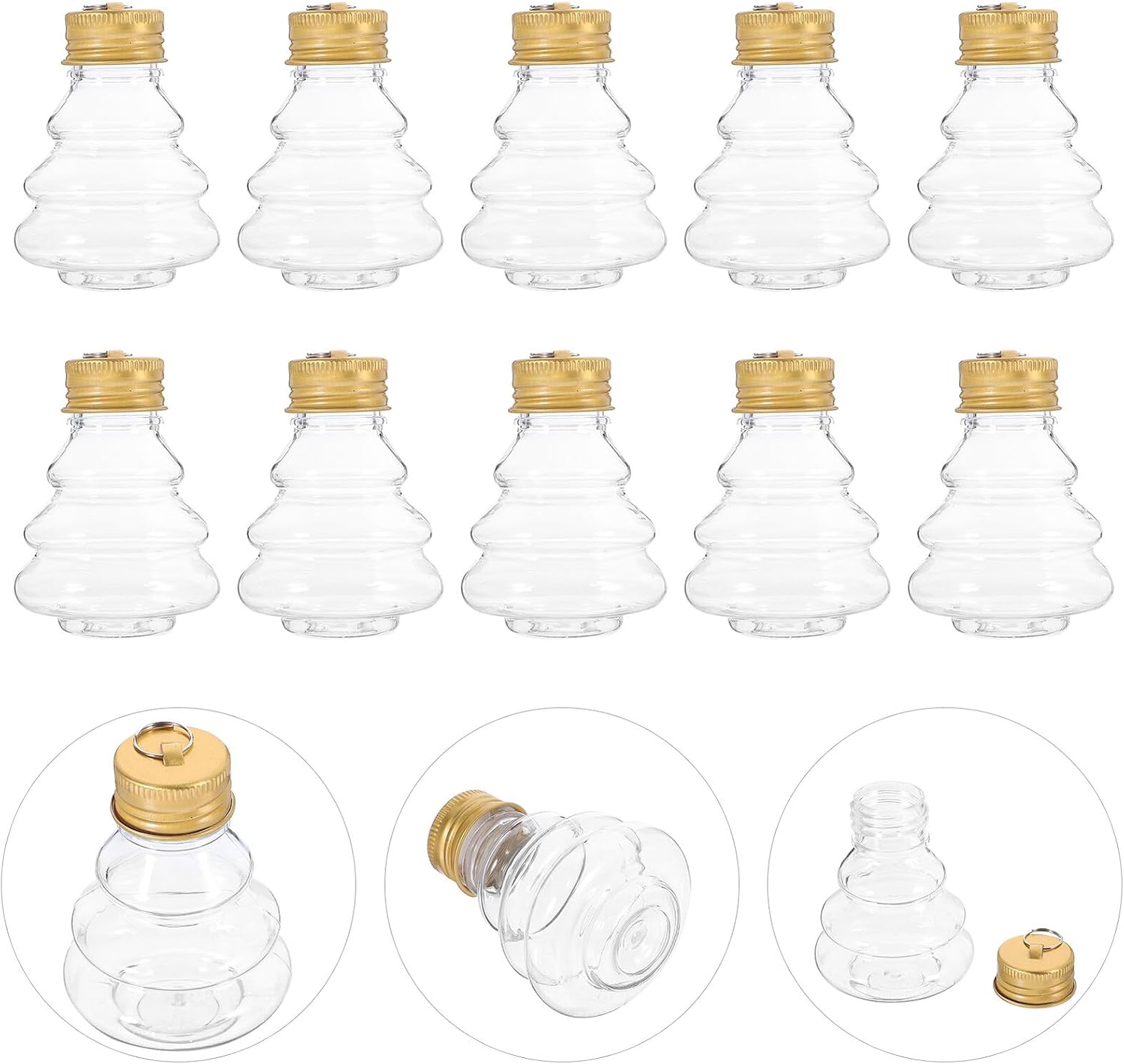 CALLARON 10pcs Christmas Tree Candy Jars 50ml Empty Juice Bottles with Gold Hanging Lid Reusable Beverage Storage Containers for Party and Holiday Decoration