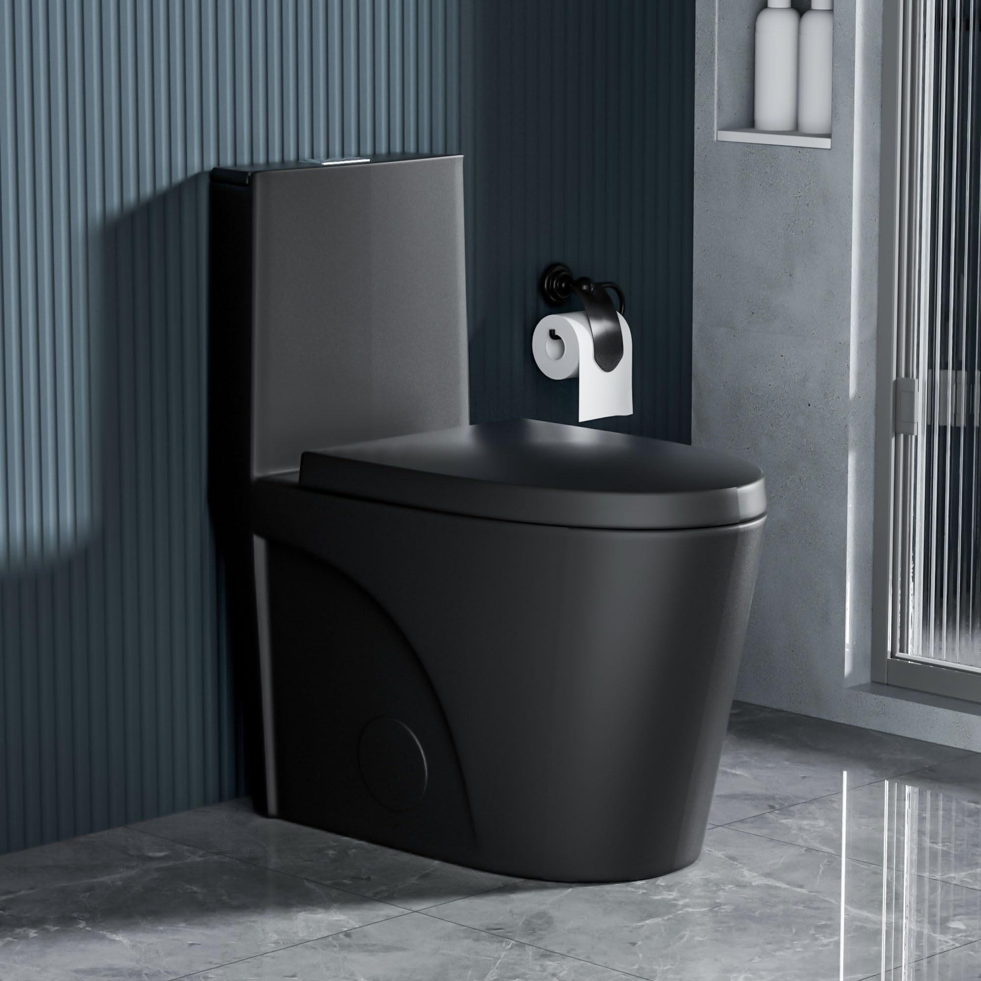 One Piece Toilet Dual Flush Elongated Standard Modern Toilet 1.1/1.6 GPF Soft Close Seat Save Water Powerful & Quiet - Matte Black, 27