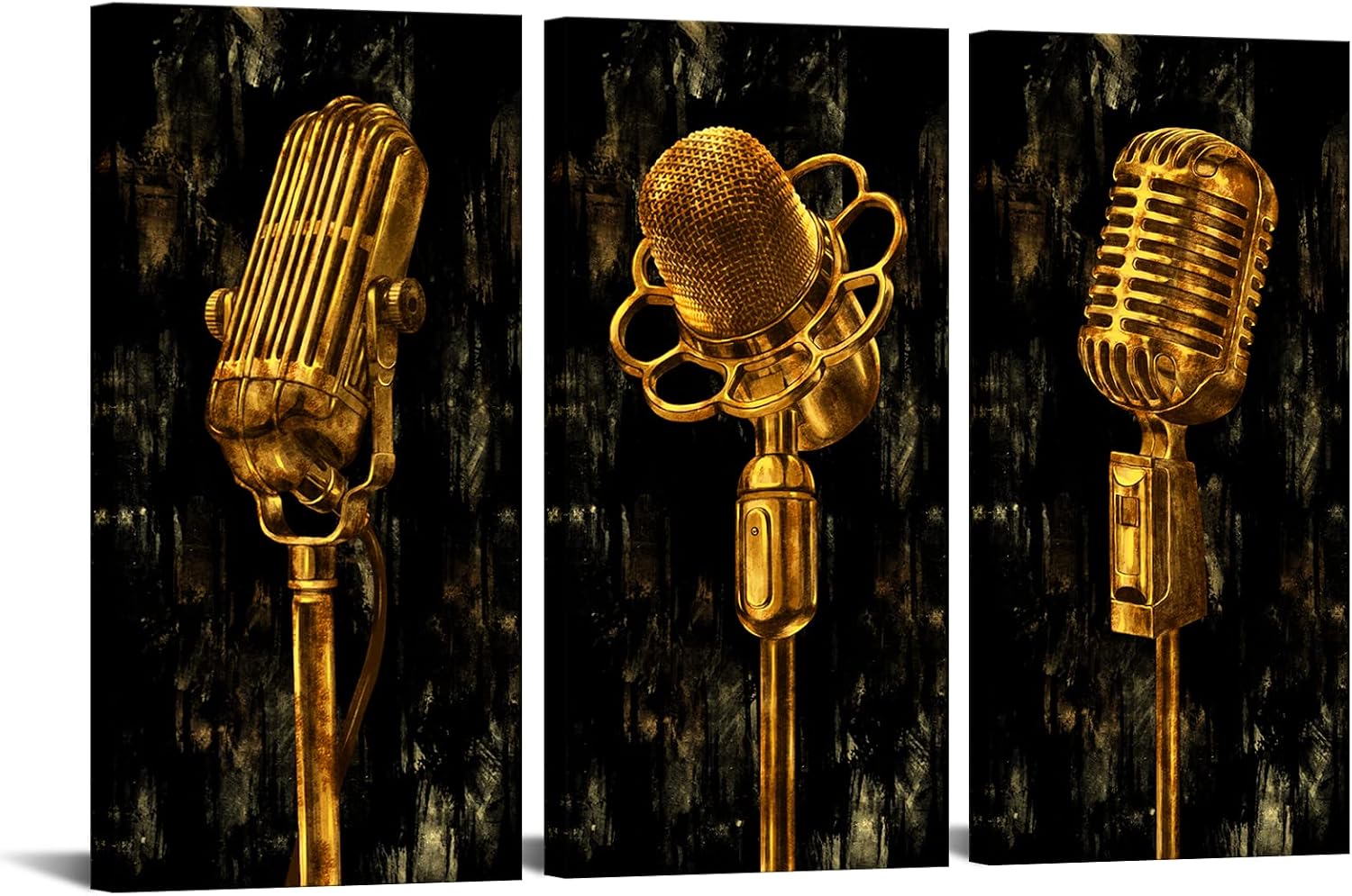 OuElegent 3 Panel Music Artistic Paintings Rustic Wall Art Gold Metal Microphone Picture Canvas Giclee Print Modern Artwork for Living Room Bedroom Studio Decor Stretched and Framed Ready to Hang
