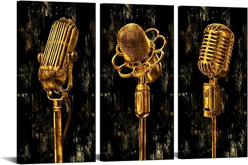 OuElegent 3 paneles de pinturas artísticas de música rústica, arte de pared de metal dorado, micrófono, lienzo con impresión giclée, obra de arte