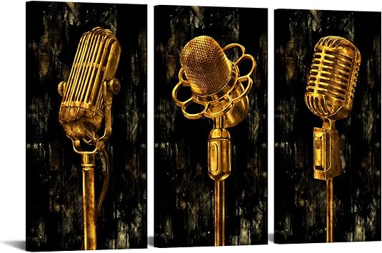 OuElegent 3 Panel Music Artistic Paintings Rustic Wall Art Gold Metal Microphone Picture Canvas Giclee Print Modern Artwork for Living Room Bedroom Studio Decor Stretched and Framed Ready to Hang