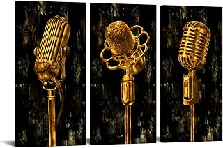 OuElegent 3 Panel Music Artistic Paintings Rustic Wall Art Gold Metal Microphone Picture Canvas Giclee Print Modern Artwork for Living Room Bedroom Studio Decor Stretched and Framed Ready to Hang