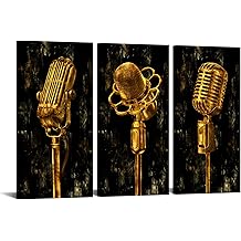 OuElegent 3 Panel Music Artistic Paintings Rustic Wall Art Gold Metal Microphone Picture Canvas Giclee Print Modern Artwork for Living Room Bedroom Studio Decor Stretched and Framed Ready to Hang
