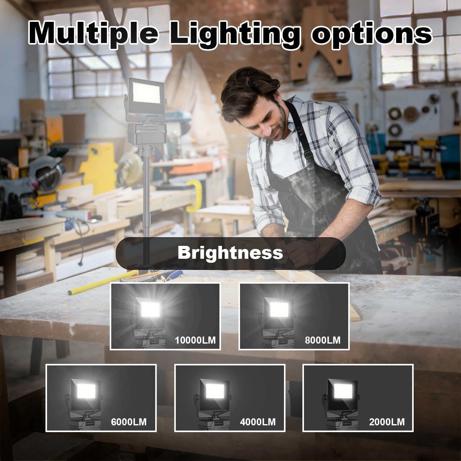 Rechargeable 10000mAh Work Light with Stand 5 ft Max Height, Cordless Work Light Dimmable 10000 Lumens Tripod Work Light Construction Essentials Gear Emergency floodlight with Detachable Tripod
