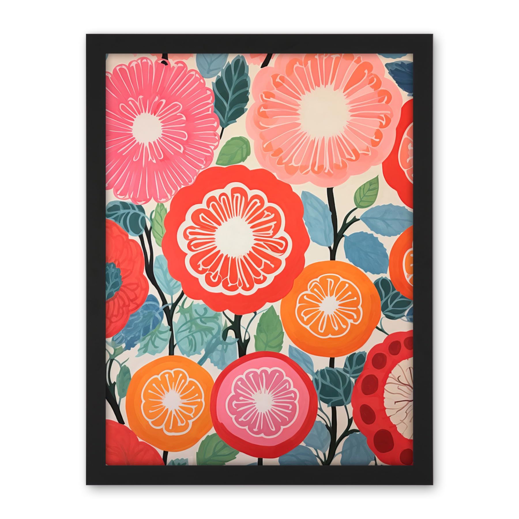 Artery8 Pomegranate Tree Flowers in Bloom Mediterranean Bright Floral Abstract Artwork Framed Wall Art Print 18X24 Inch