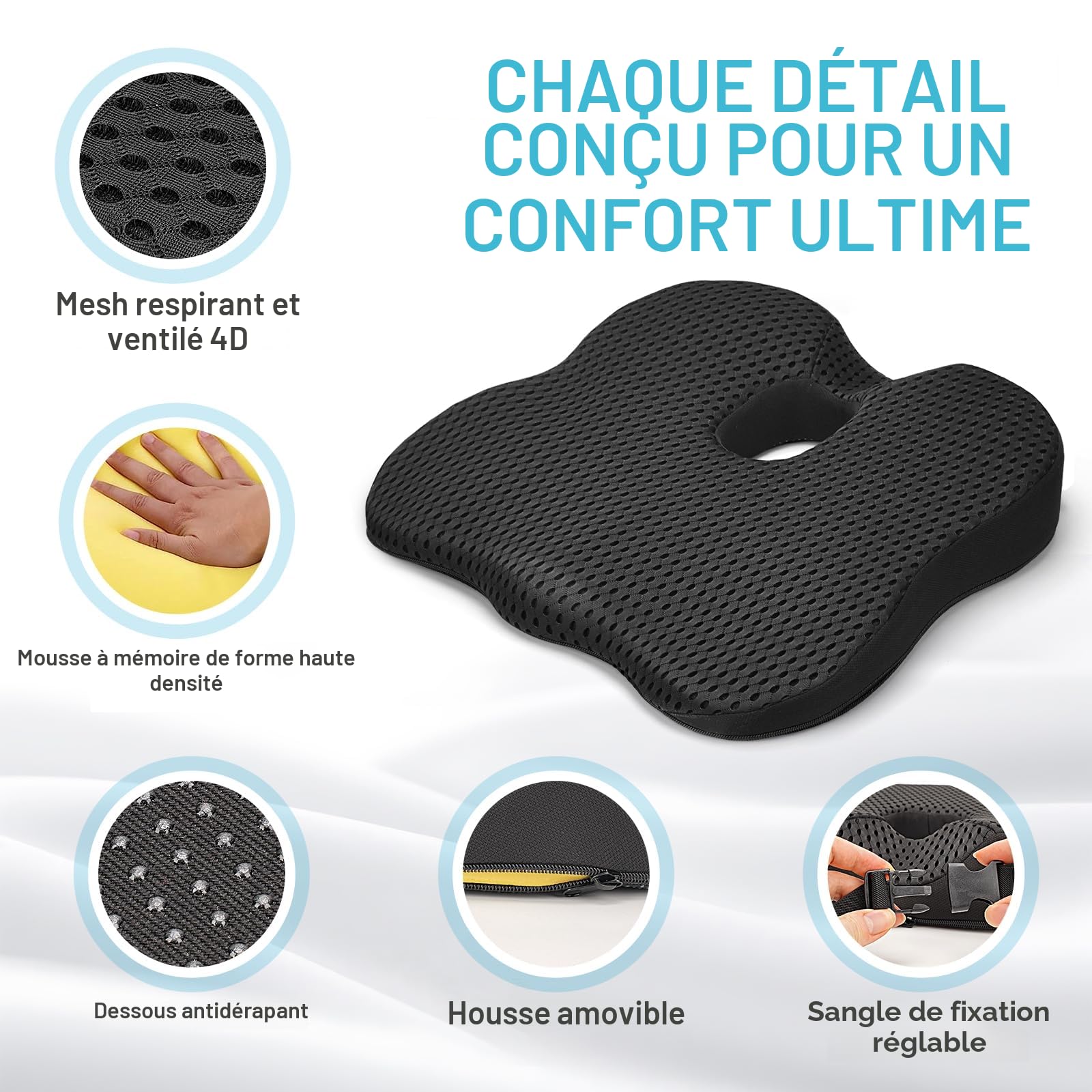 Coussin de Siège Auto – Rehausseur Ergonomique en Mousse à Mémoire de Forme avec Fond Antidérapant et Sangle Réglable – Coussin de Siège pour Voiture, Camion, Bureau et Maison