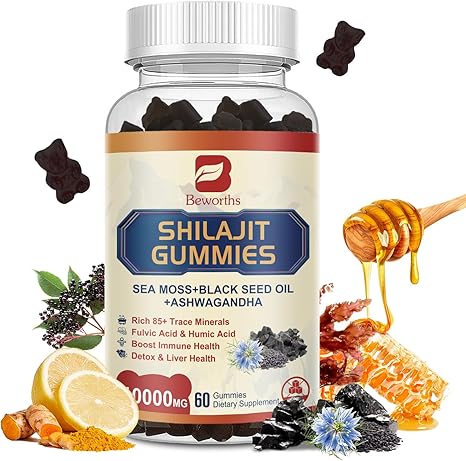Shilajit Resin Gummies, Shilajit Irish Sea Moss Supplement with Black Seed Oil, Ashwagandha Ginger, Panax Ginseng, Shilajit Gummies with 85+ Trace Minerals & Fulvic Acid for Energy, Immune Support