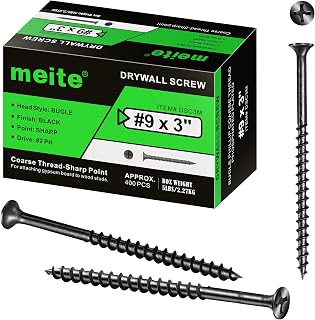 meite #9 x 3 Coarse Thread Drywall Screws, Self Tapping Phillips Drive Black Phosphate Finish, for Wood & Sheetrock (5lbs, 400 PCS)