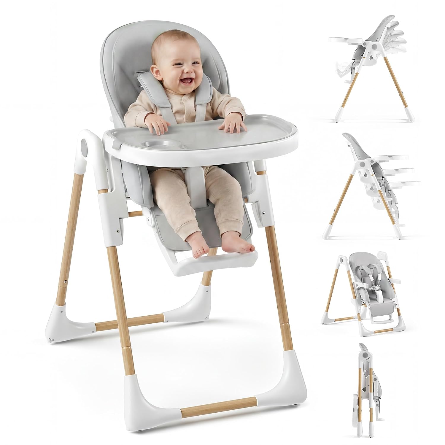 Baby High Chair, Convertible Folding Highchair with Dishwasher-Safe Tray, Adjustable Heights, 5-Point Harness, Portable Dining High Chairs for Babies and Toddlers (Wood Grain+Sage Green)