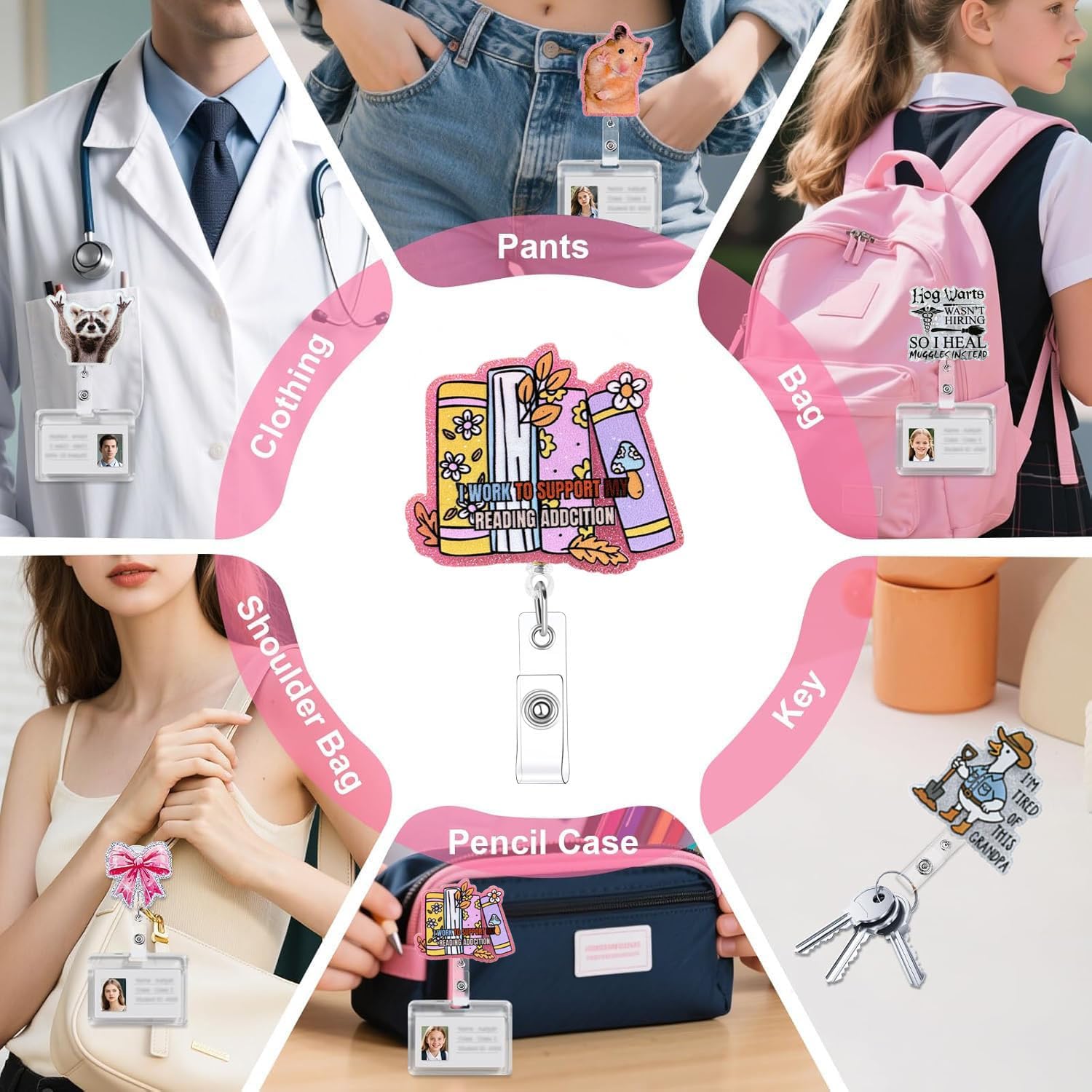 Cute Badge Reel Retractable Pink Glitter Acrylic, for Teacher Student Nurse Reader Coworker Librarian Book Lover Gift, Back to School Badge Buddy - Image 7