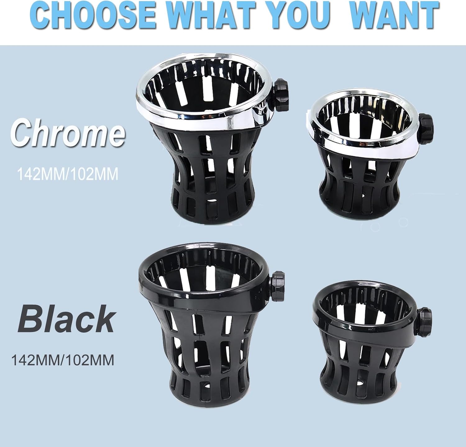 Motorcycle Handlebar Drink Cup Holder Plated and Rubber Chrome/Black Mount for Harley Davidson Passenger Water Bottle Holder with Mesh Basket for Honda Goldwing GL 1800 (102/142 MM)