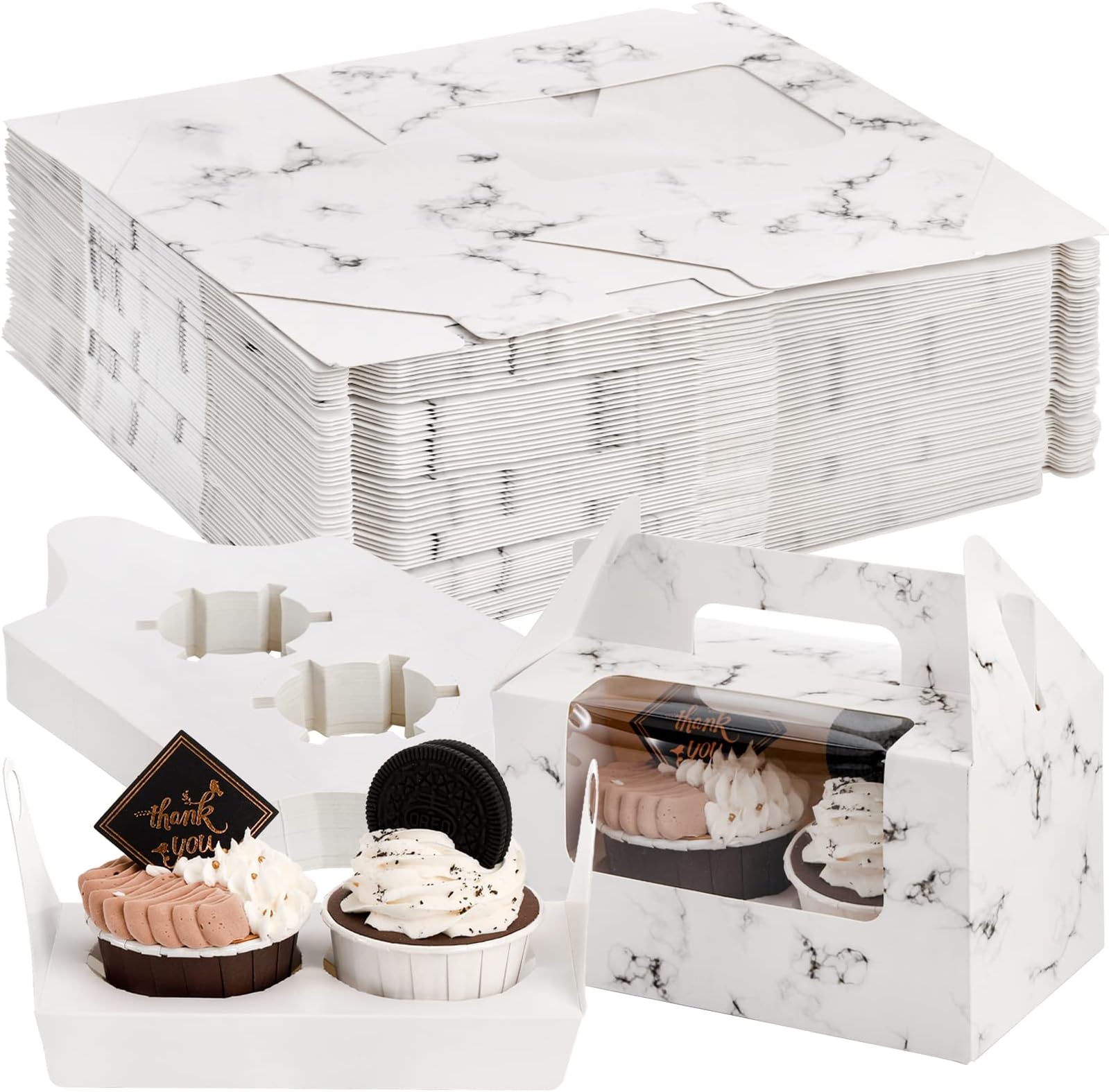 ZEAYEA 60 Pack Cupcake Boxes with Window and Handles, 2 Holders Paper Cupcake Holders Carrier Portable Bakery Containers for Small Cake, Muffins, Birthday Wedding Party