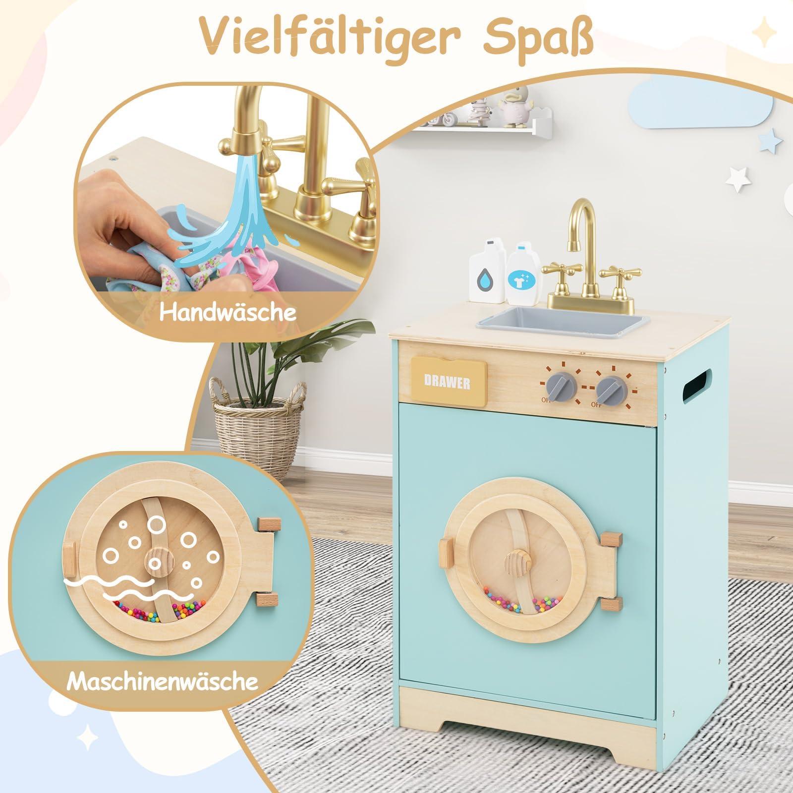FANTASK Waschmaschine-Spielset, Kinder Waschmaschine Holz mit Waschmittel & Handdesinfektionsmittel, Wäscheset mit Spüle, Schublade & Drehrad, für Kinder ab 3 Jahren