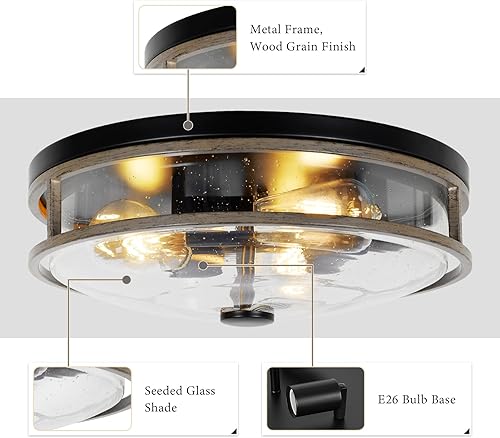Miniatura 2 de Lámpara de techo grande de 16 pulgadas con vidrio sembrado, pantalla redonda de grano de madera, moderna iluminación de techo para interiores y