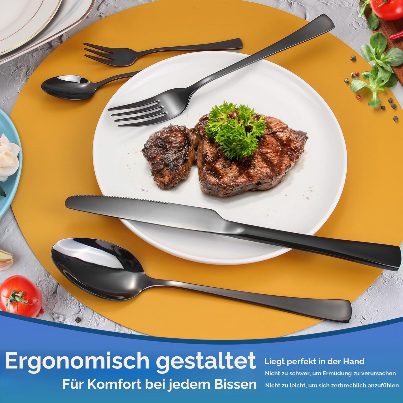 Targizer Schwarz Besteck Set 6 Personen,30 teilig Besteck aus Hochwertiges Edelstahl,Schwarz Besteckset mit Messern, Gabeln und Löffeln, Hochglanzpoliert und Spülmaschinenfest