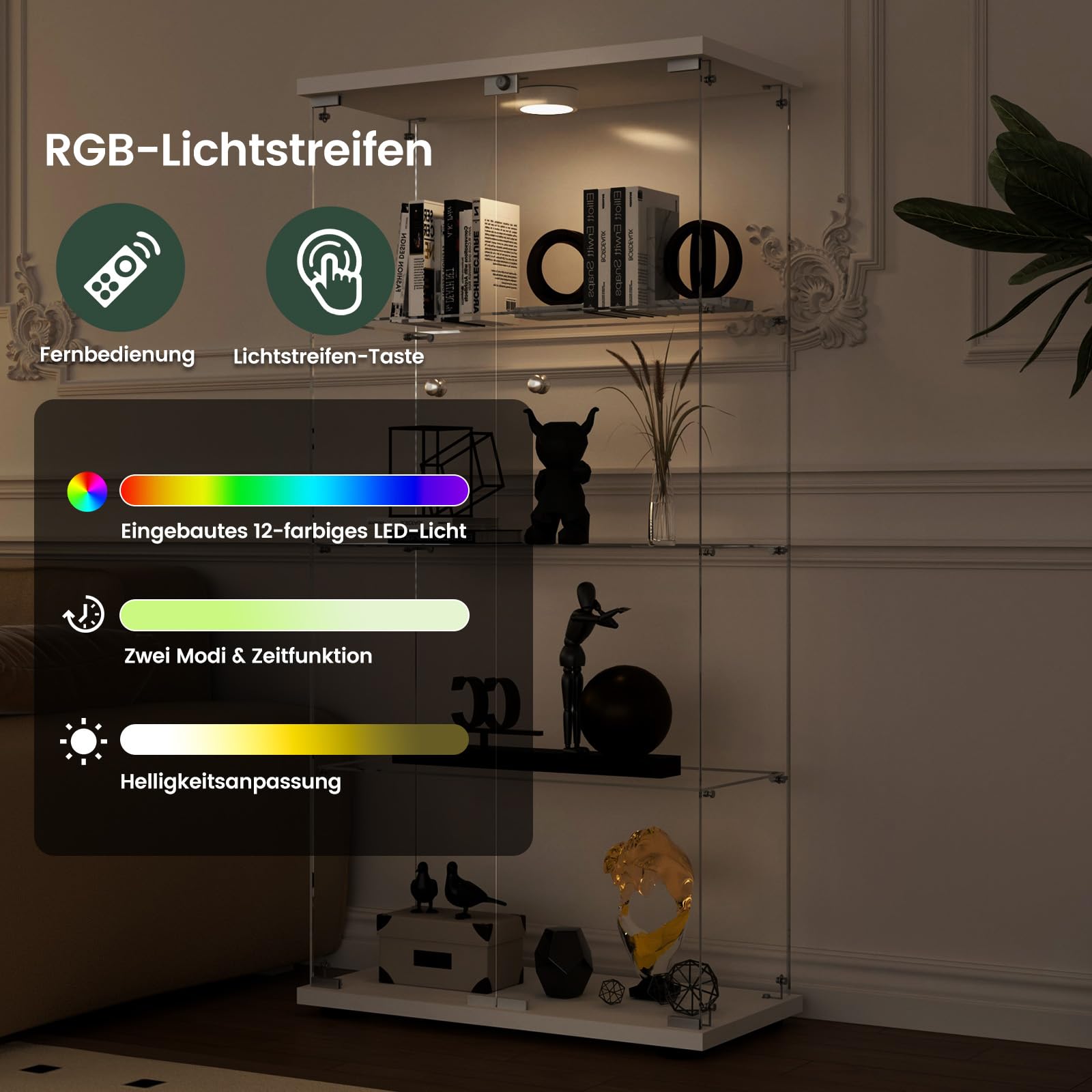 Aplancee Glasvitrine mit LED, 4 Ebenen und 2 Türen, 164x36,3x80,5 cm, Weiß