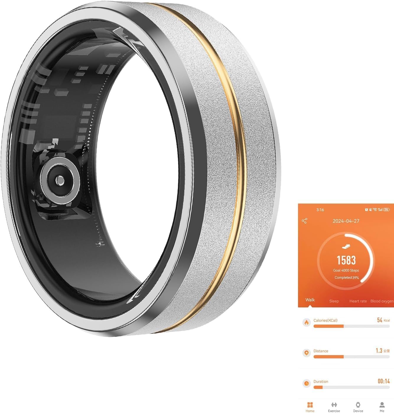 Fitness Tracker Smart Ring,Step Counter,Heart Rate Blood Oxygen Sleep Tracker Health Ring, 6ATM Waterproof Long Battery Life Smart Rings Compatible with iOS & Android ?Middle Gold US9-2? Silver with Middle Gold US 9