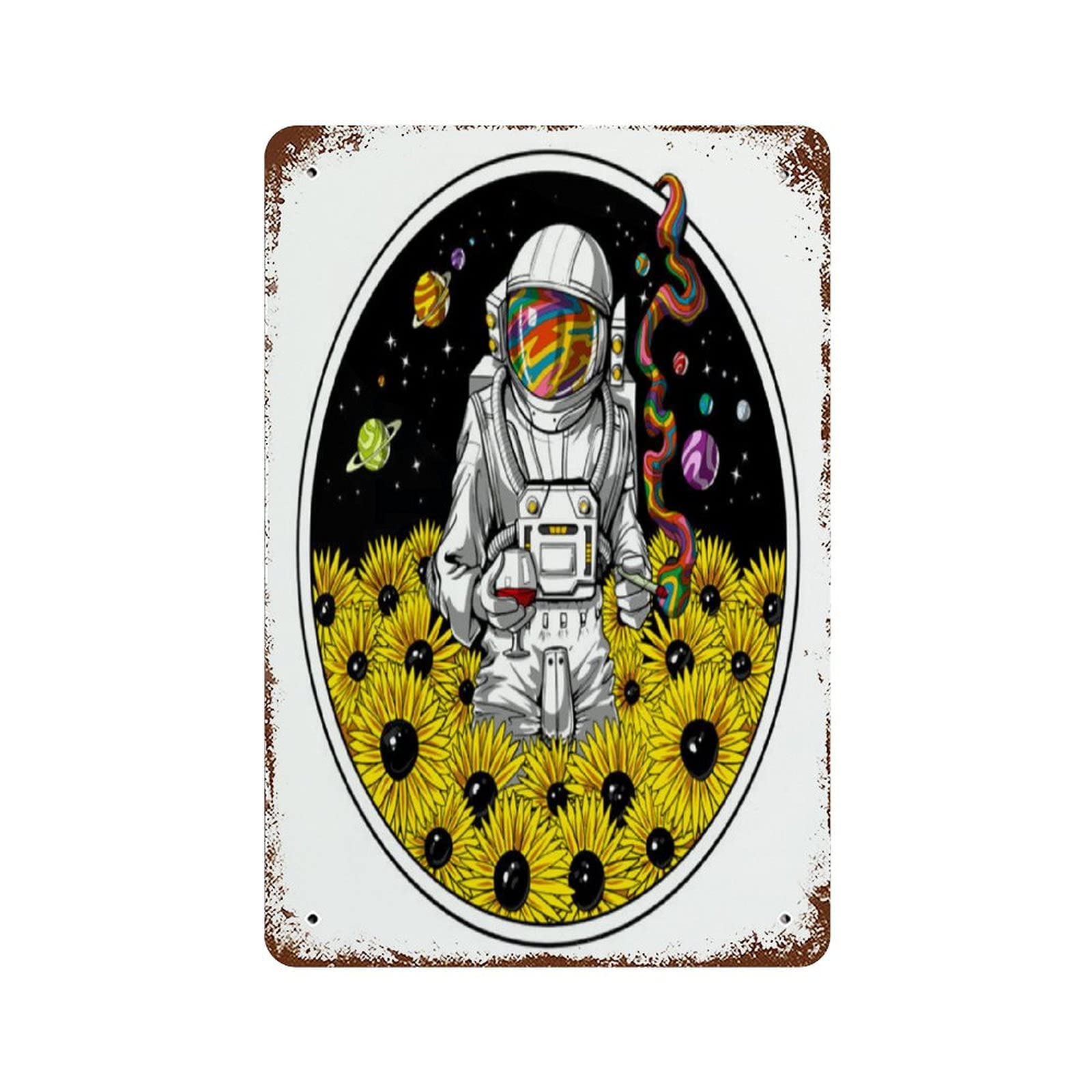 Retro Funny Metal Tin Sign Psychedelic Astronaut Space Sunflowers Wall Decor Hippie Trippy Room Decor Cosmic Art Wall Sign Science Fiction 12x8inch