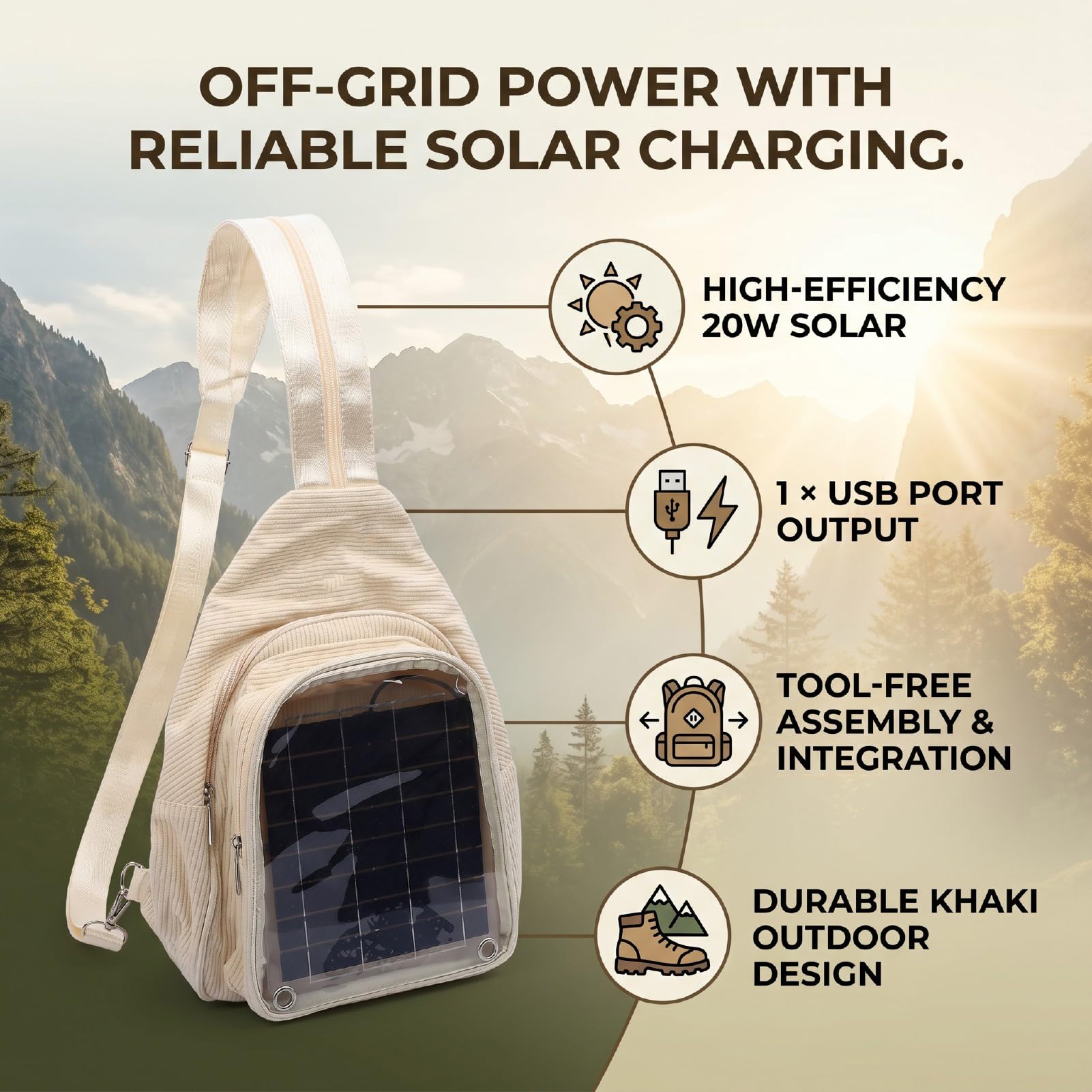 Naroote Zaino con Pannello Solare, Zaino Ad Energia Solare in Silicio Monocristallino Ricarica USB da 20 W, da Viaggio Color Kaki per Viaggi All'aperto Escursionismo Festival